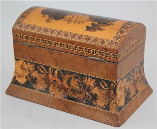 A Tunbridge ware stained birds eye maple Warwick Castle mosaic box, 7.25in.